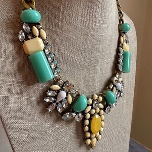 Vintage Statement Necklace Chucky Aqua, Rhinestone, Yellow Beads Sunburst